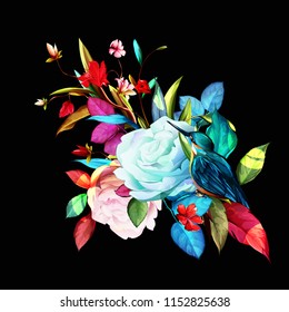 Bouquet of flowers with wild flowers, leaves and halcyon bird around isolated on black. This template can be used as other type of invitations and holidays. Vector - stock.