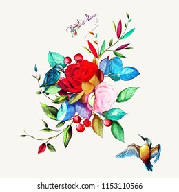 Bouquet of flowers with wild flowers, leaves and two halcyon birds around. This template can be used as other type of invitations and holidays. Vector - stock.