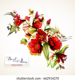 Bouquet of flowers. Wild rosemary with pomegranate bud and leaves. Isolated on white. Hand drawn, vector - stock.