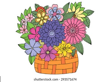 Bouquet of flowers in a wood basket. Vector doodle floral image
