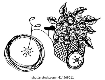 Bouquet of flowers in a wood basket. Vector doodle floral image, hand drawing