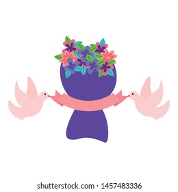 bouquet flowers wrapped paper pigeons ribbon vector illustration