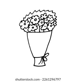 bouquet of flowers in a wrapper hand drawn in doodle style. simple minimalistic line art. monochrome icon.