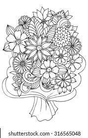 Bouquet of flowers in a wrapping paper for coloring book