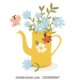 Un ramo de flores en una tetera amarilla. Ilustración vectorial plana de resorte en estilo de dibujos animados, aislada sobre un fondo blanco. Usar para imprimir en una camiseta, una postal para cualquier festividad