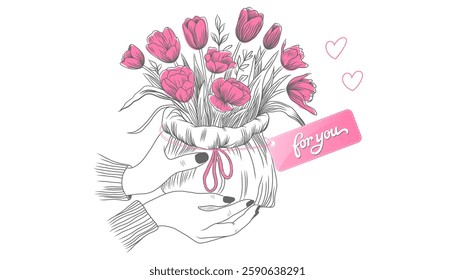 A bouquet of flowers for you. Minimal ink hand-drawn line bouquet in the hands. Gift for you. Flower bouquet in hand. March 8, Valentine's Day, Birthday. Banner, postcard, background, print. Vector