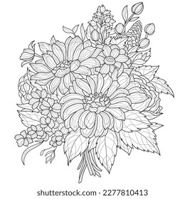 Bouquet of flowers.Coloring book antistress for children and adults. Illustration isolated on white background.Zen-tangle style. Hand draw