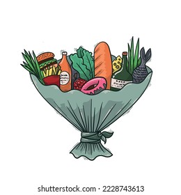 Bouquet of food and groceries, fruits, vegetables and
bottled drinks