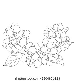 Bouquet frame of flowers for coloring book. Black and white sketch outline