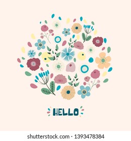 Bouquet frame of flowers with hello hand lettering. Print with flowers for a card, a holiday, a wedding. Vector