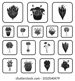 A bouquet of fresh flowers black icons in set collection for design. Various bouquets vector symbol stock web illustration.
