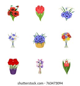 A bouquet of fresh flowers cartoon icons in set collection for design. Various bouquets vector symbol stock web illustration.