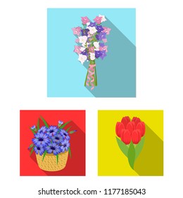 A bouquet of fresh flowers flat icons in set collection for design. Various bouquets vector symbol stock web illustration.
