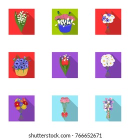 A bouquet of fresh flowers flat icons in set collection for design. Various bouquets vector symbol stock web illustration.