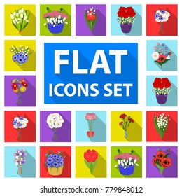 A bouquet of fresh flowers flat icons in set collection for design. Various bouquets vector symbol stock web illustration.