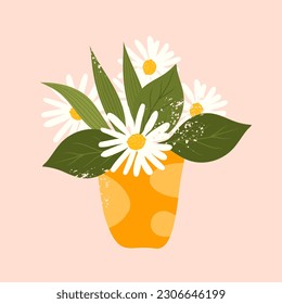 bouquet of fresh flowers. home plants in a pot. poster with flowers and leaves. chamomile and leaves in a pot. interior poster with flowers.