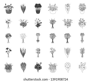 A bouquet of fresh flowers mono,outline icons in set collection for design. Various bouquets vector symbol stock web illustration.