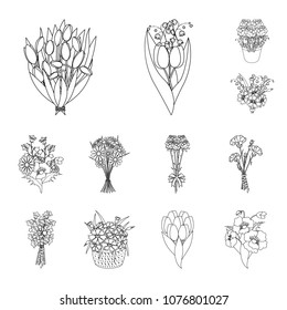 A bouquet of fresh flowers outline icons in set collection for design. Various bouquets vector symbol stock web illustration.