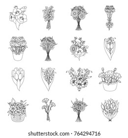 A bouquet of fresh flowers outline icons in set collection for design. Various bouquets vector symbol stock web illustration.