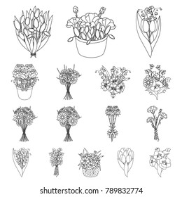 A bouquet of fresh flowers outline icons in set collection for design. Various bouquets vector symbol stock web illustration.