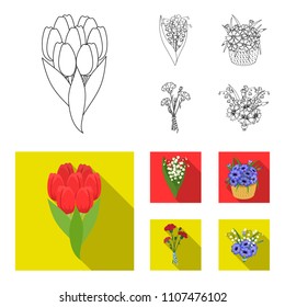 A bouquet of fresh flowers outline,flat icons in set collection for design. Various bouquets vector symbol stock web illustration.