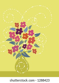 A bouquet of fresh flowers in a retro vase with wisps of fragrance filling the room.