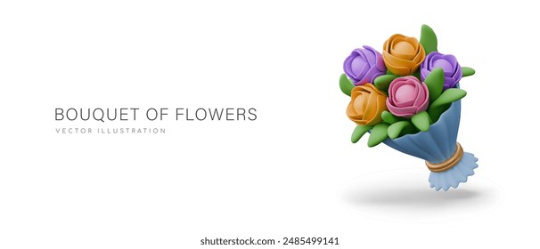 Ramo de flores frescas en envoltorio. Ilustración vectorial en estilo realista