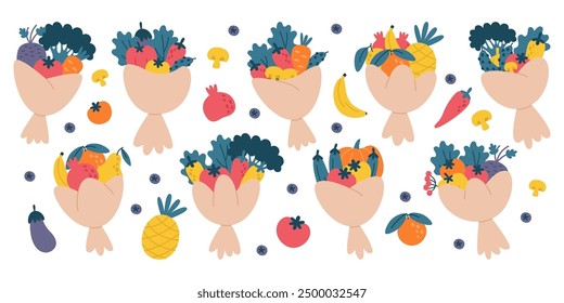 Bouquet of fresh ripe vegetables and raw fruits vector illustration. Vegetarian organic vitamin food composition wrapped in paper set isolated on white background. Edible sweet eco presents collection