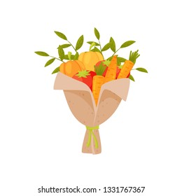 Bouquet of fresh vegetables in paper. Composition made of ripe bell pepper, tomatoes and carrot. Flat vector icon