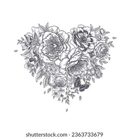 Bouquet of garden flowers. Composition in the shape of a heart. Blooming Flowers peonies, roses, branches, leaves and butterfly. Wedding decorations. Black and white vector illustration. Vintage.