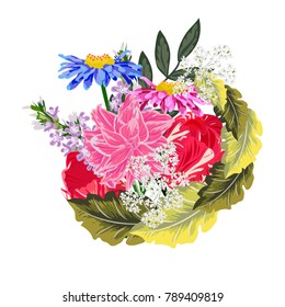 Bouquet of garden flowers. Decor elements for greeting cards, wedding invitations, birthday and other celebrations. Isolated on white background.