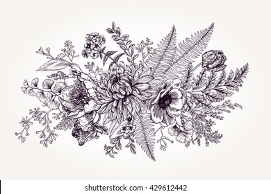 Bouquet with a garden flowers and leaves in vintage style. Vector botanical illustration. Chrysanthemum, tulip, peony, anemone, ferns, boxwood. Design elements. Black and white.