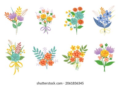 Se organiza un ramo de flores de jardín. Ilustraciones vectoriales de la colección floral de verano con flores y vegetación. Caricatura de plantas con arco aislado en blanco. Regalo romántico, concepto de tarjeta de boda