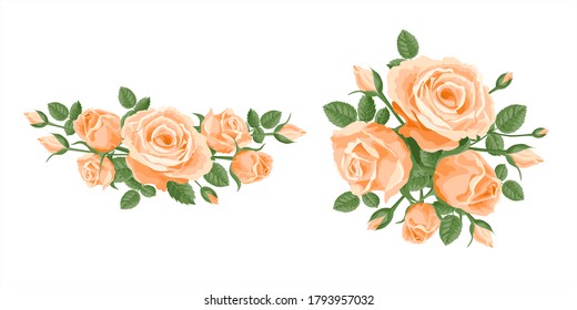 Bouquet, garland of roses. Vector flower posy decoration for anniversary, cards, greetings. Valentine's day, mother's day. Salmon, apricot orange roses with leaves in a bunch bouquet, frame, corner.