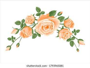 Bouquet, garland of roses. Vector flower decoration for anniversary, cards, greetings. Valentine's day, mother's day. Salmon, apricot orange roses with leaves in a bouquet, frame, corner