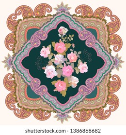 Bouquet of gentle pink roses and paisley ornamental frame. Pillowcase, doily, kerchief, handkerchief.