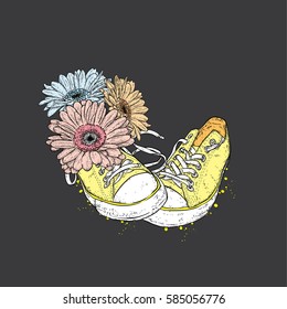 Bouquet of gerberas and sneakers. Vector illustration for a card or poster.
