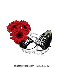 Bouquet of gerberas and sneakers. Vector illustration for a card or poster.
