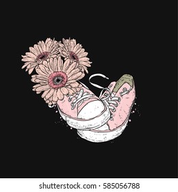 Bouquet of gerberas and sneakers. Vector illustration for a card or poster.
