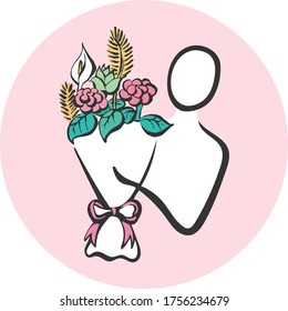 Bouquet gift logo. anniversary bouquet flowers,Wedding bouquet flowers, birthday bouquet flowers.Can be used as a greeting card or letter icon. Hand drawn lines. vector.