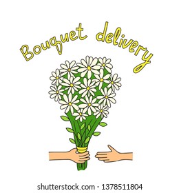 Bouquet in the hand. Concept - flower, bouquet delivery. Cartoon Logo Template Design vector hand drawn illustration. Isolated on white background.