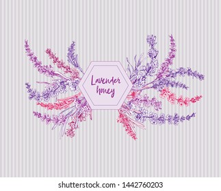 Bouquet of hand drawn color sketch of Lavender flower and cute bows isolated on gray background. France provence retro pattern for romantic design concept Natural lavander Vintage vector illustration