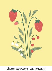Bouquet of hand drawn flowers. Summer illustration. Strawberries, leaves, lily of the valley. Design for your brand. Vector clipart on an isolated white background. Template for postcard, poster.