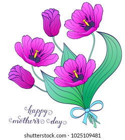 Bouquet of hand drawn purple tulips on white background.