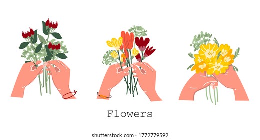 Bouquet in hand on an isolated background. Collection of flowers in your hands. Florist. Decorating a postcard. Logo for flower shops. Stylish illustration. Vector.