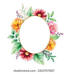 The bouquet is hand-drawn in watercolor with a space for your text. Design for a card or invitation. A floral arrangement surrounded by a circle frame. Flowers on a wreath.