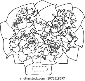 bouquet in a hat box roses open buds with leaves and in floral decorative paper packaging black white isolated vector hand illustration