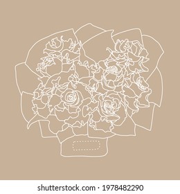 bouquet in a hat box roses open buds with leaves and in floral decorative paper packaging black white isolated vector hand illustration