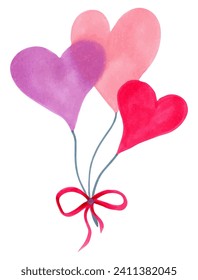 A bouquet of hearts on a rope with a bow for Valentines Day, Mothers Day, friends, girlfriends. Love concept. Hand drawn watercolor illustration.Pink,red,purple heart for invitations, posters.