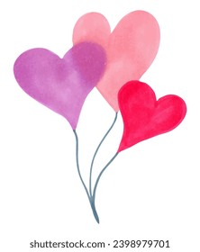 Bouquet of hearts on a rope for Valentine's Day, singles day, friends, girlfriends. Minimal love concept. Hand drawn watercolor illustration. Vector.